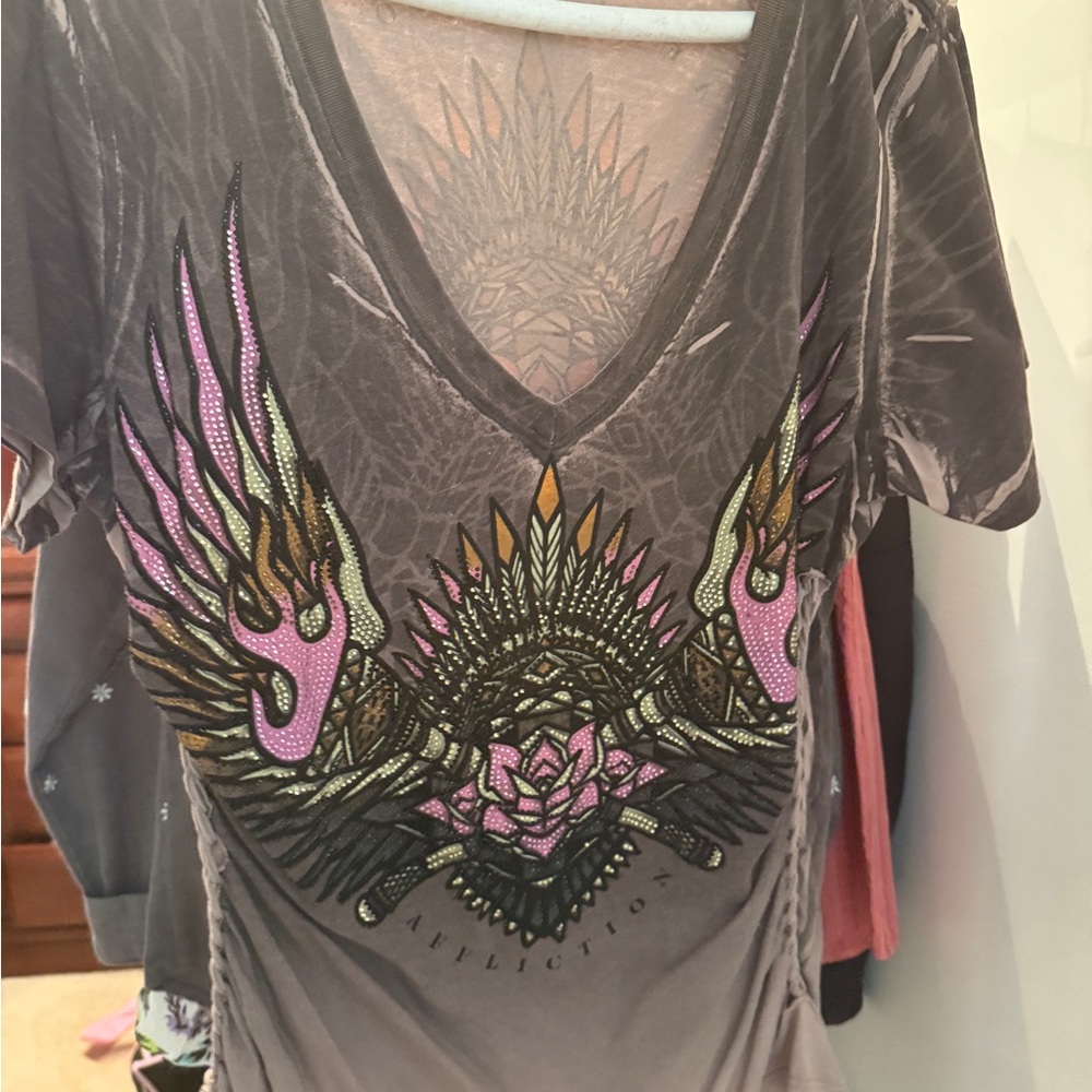 Affliction Women's V-Neck Tee with Winged Graphic - Tan and Pink